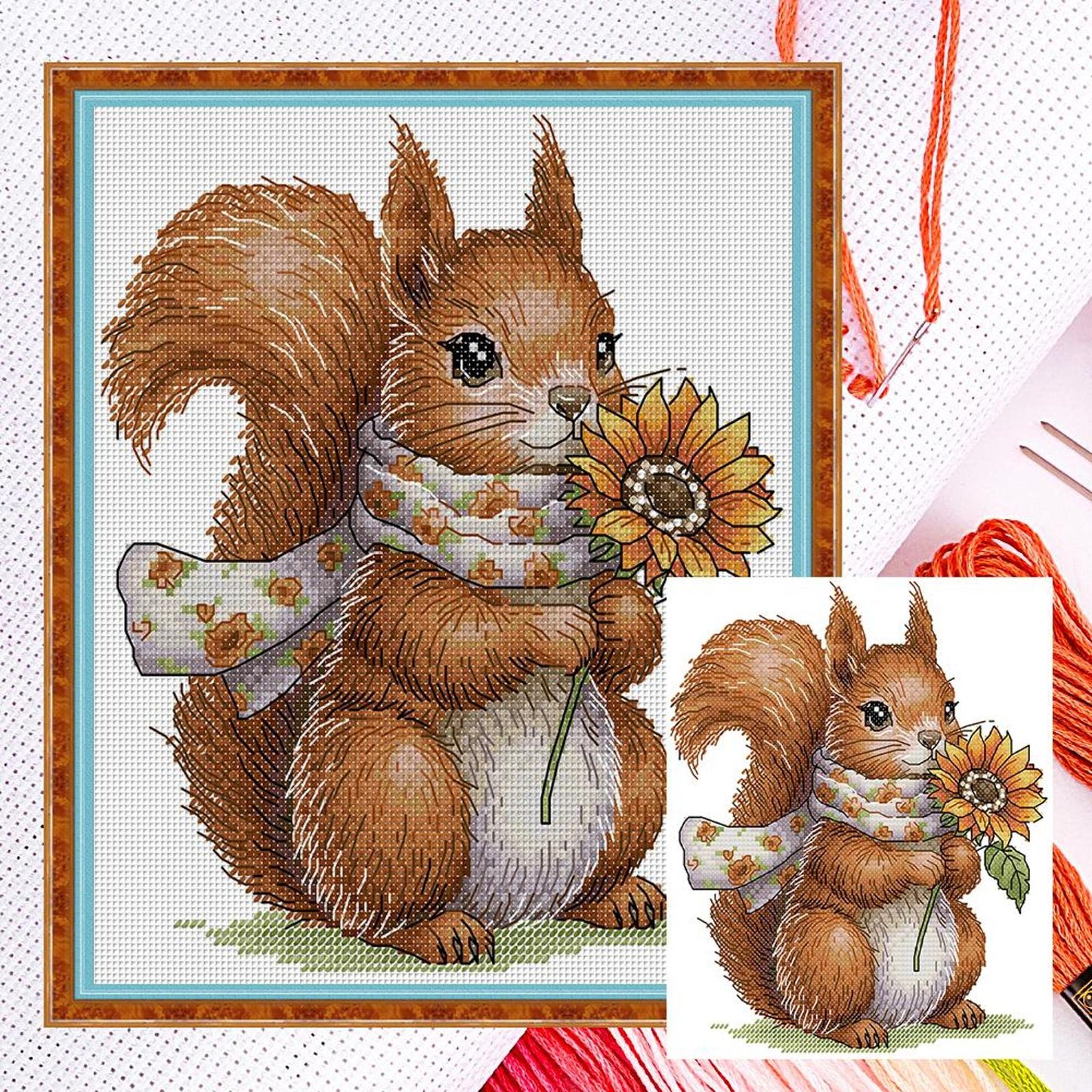 Squirrel Holding Sunflower - Partial 14CT Counted Cross Stitch 21x25CM - Joy Sunday