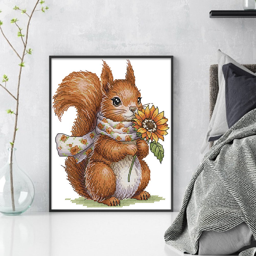 Squirrel Holding Sunflower - Partial 14CT Counted Cross Stitch 21x25CM - Joy Sunday