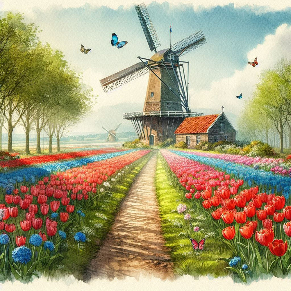 Tulips And Windmills 50*50CM Full Round Drill Diamond Painting Drill Diamond Painting