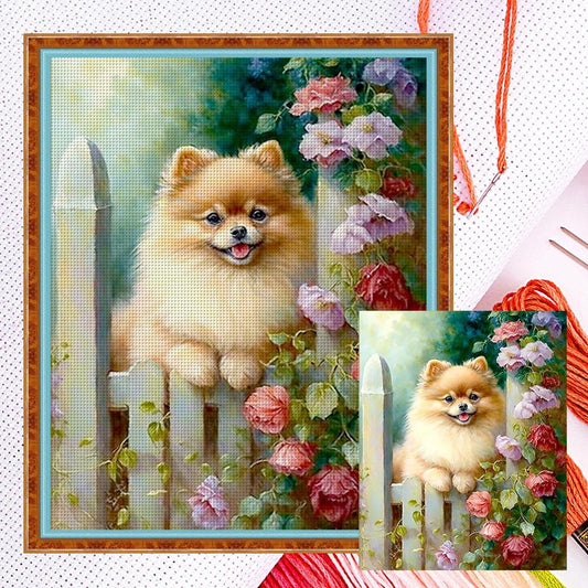 Fluffy Pomeranian With Flowers - Full 11CT Counted Cross Stitch 40x50CM - Yishu