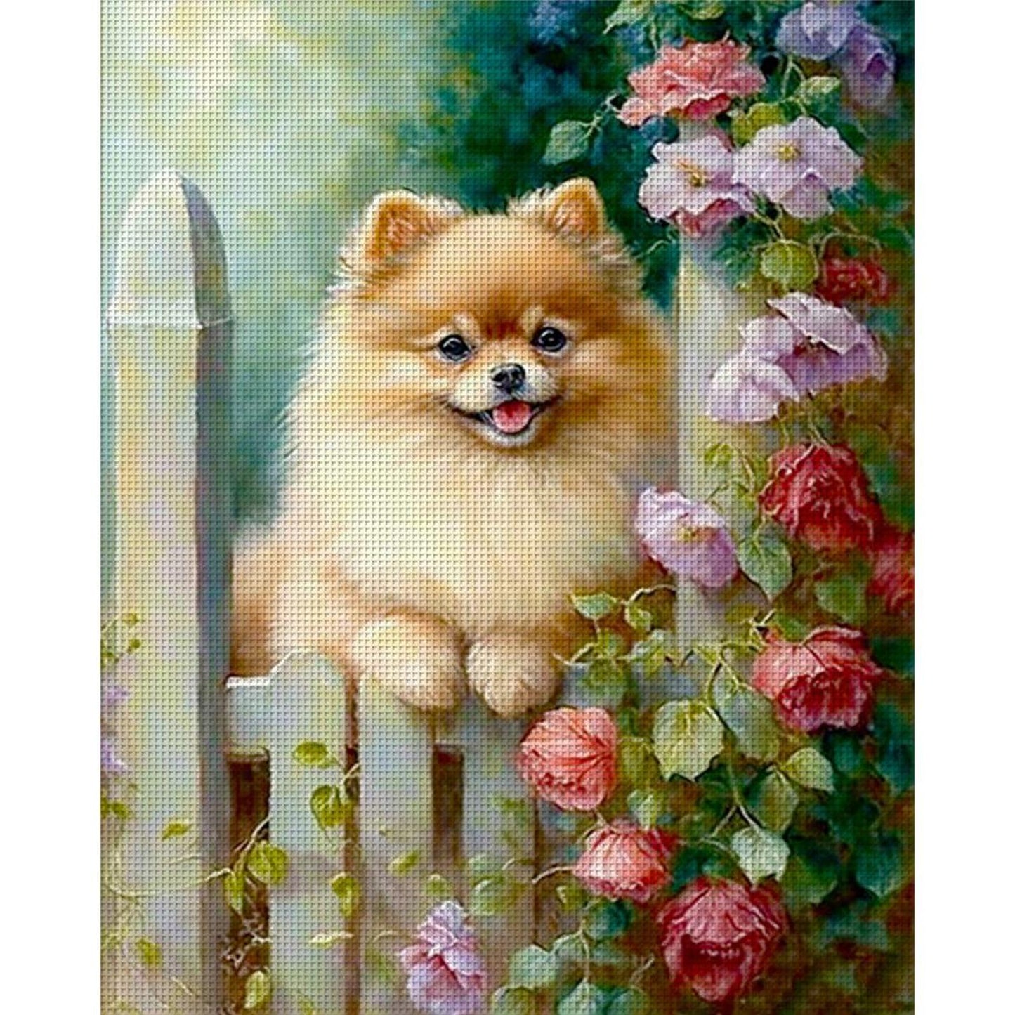 Fluffy Pomeranian With Flowers - Full 11CT Counted Cross Stitch 40x50CM - Yishu