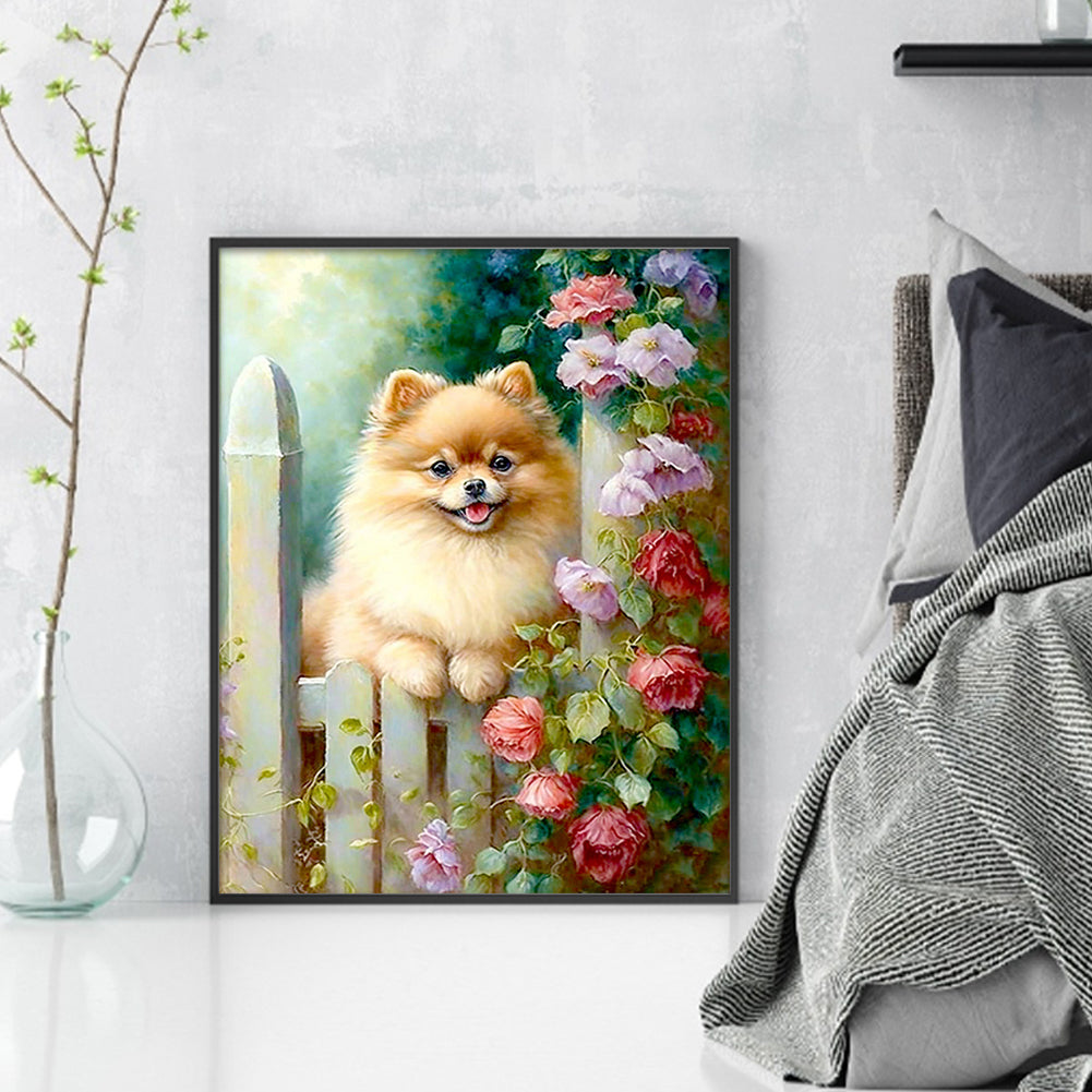Fluffy Pomeranian With Flowers - Full 11CT Counted Cross Stitch 40x50CM - Yishu