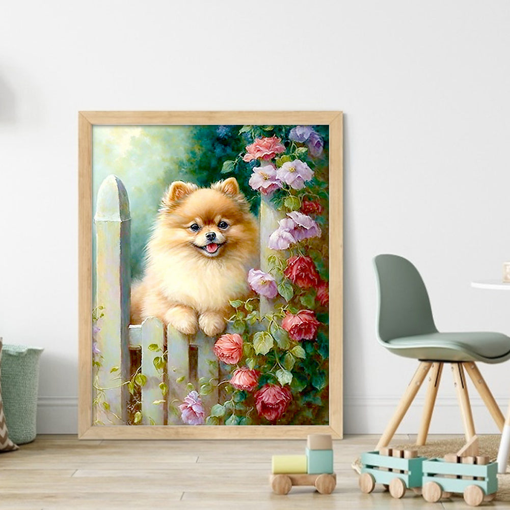 Fluffy Pomeranian With Flowers - Full 11CT Counted Cross Stitch 40x50CM - Yishu