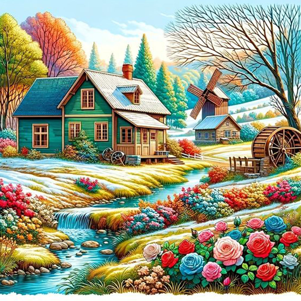 River Flowers House 40*40CM Full Round Drill Diamond Painting Drill Diamond Painting