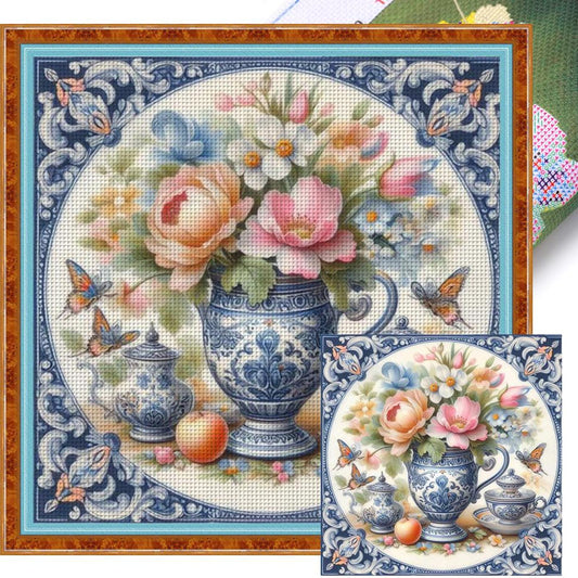Colorful Blue And White Porcelain Vase - Full 11CT Stamped Cross Stitch 40x40CM - Huacan