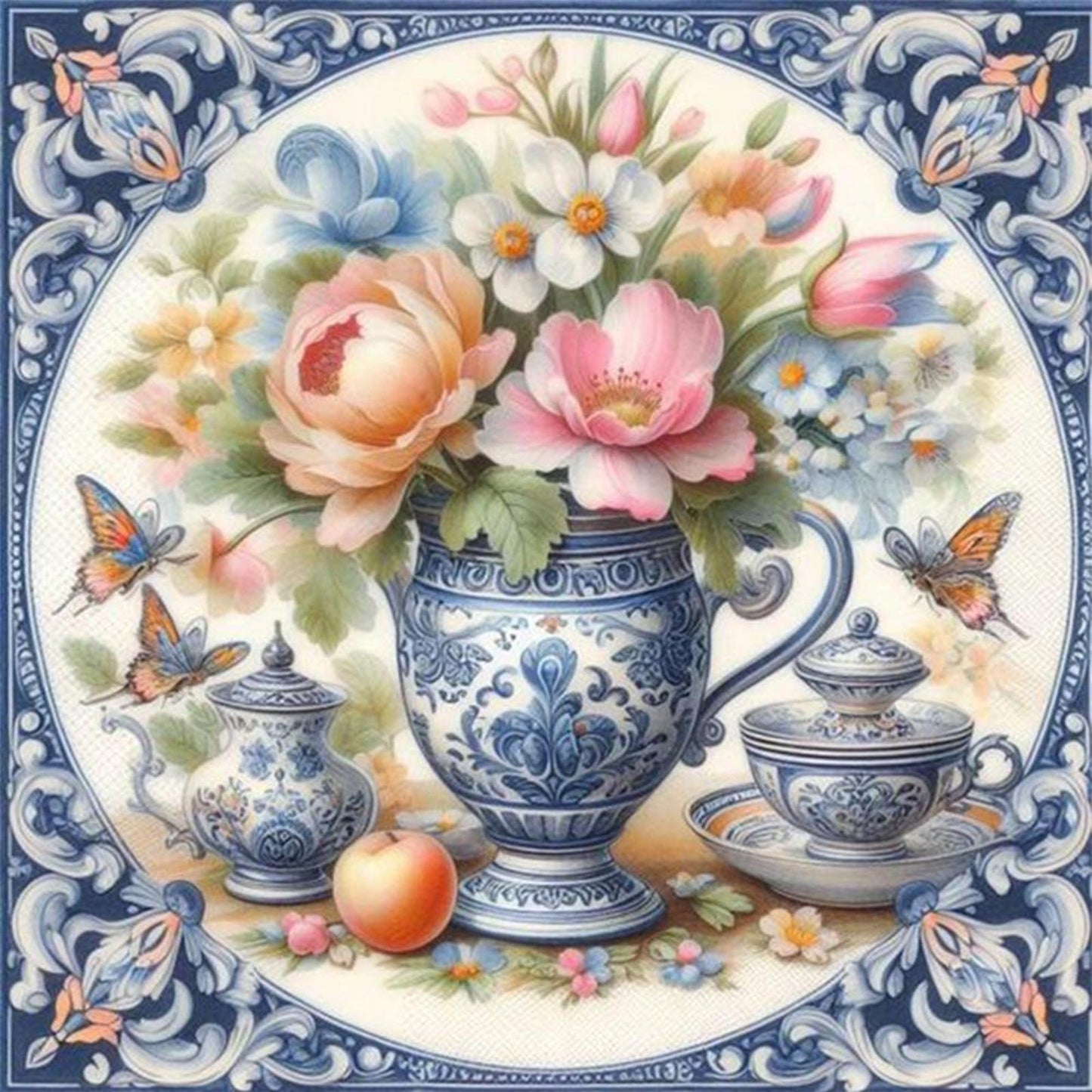 Colorful Blue And White Porcelain Vase - Full 11CT Stamped Cross Stitch 40x40CM - Huacan
