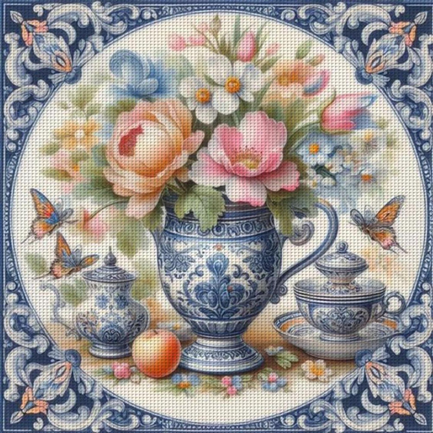 Colorful Blue And White Porcelain Vase - Full 11CT Stamped Cross Stitch 40x40CM - Huacan