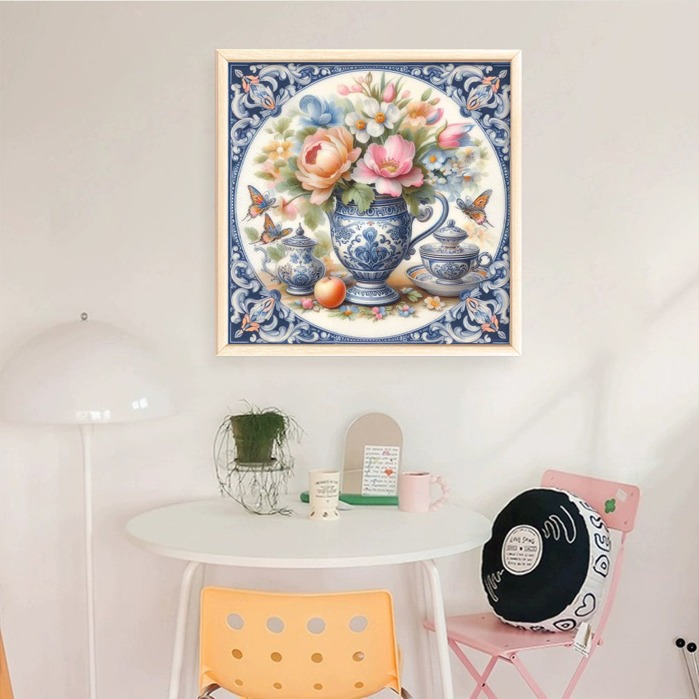 Colorful Blue And White Porcelain Vase - Full 11CT Stamped Cross Stitch 40x40CM - Huacan