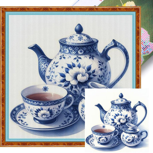 Blue And White Porcelain Tea Set - Full 11CT Stamped Cross Stitch 40x40CM - Huacan