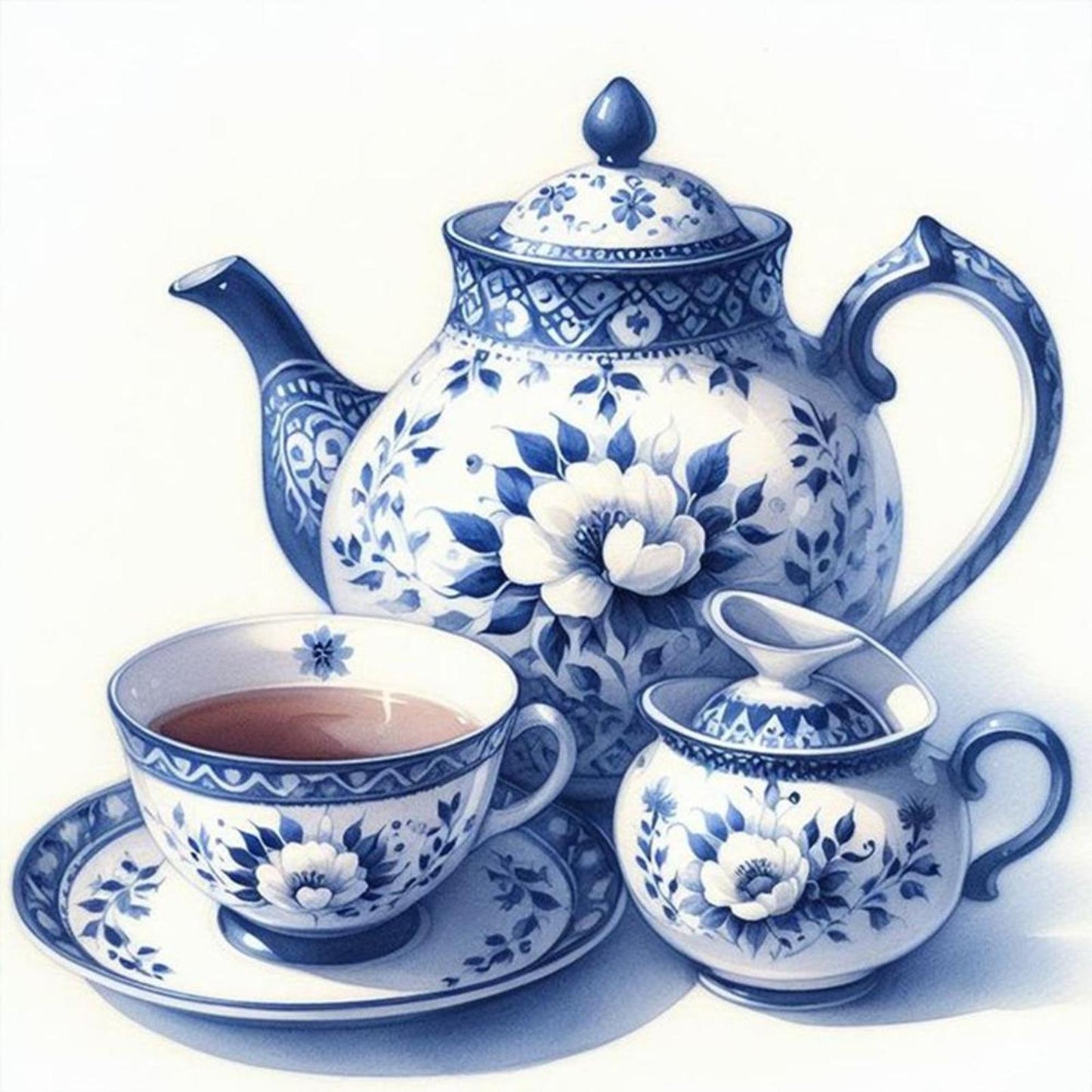 Blue And White Porcelain Tea Set - Full 11CT Stamped Cross Stitch 40x40CM - Huacan