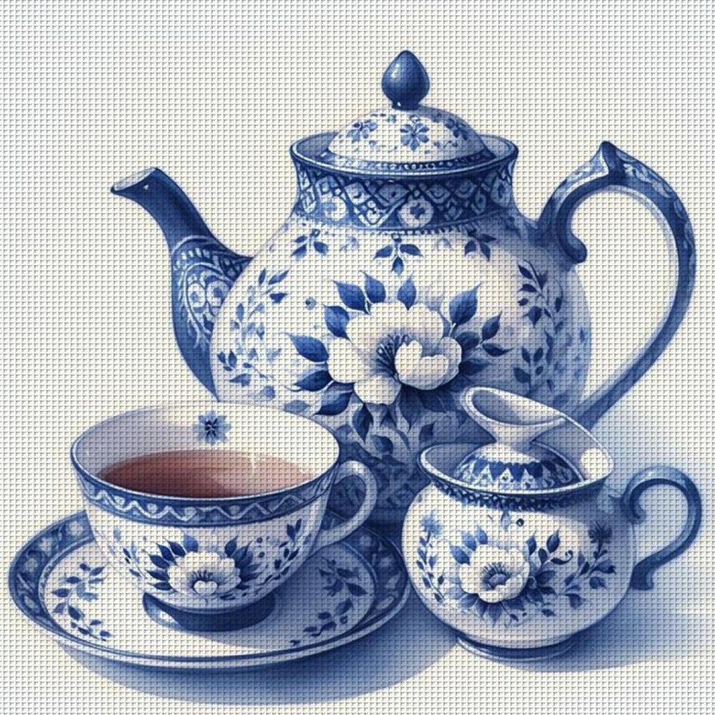 Blue And White Porcelain Tea Set - Full 11CT Stamped Cross Stitch 40x40CM - Huacan