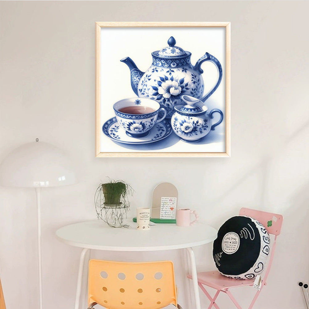 Blue And White Porcelain Tea Set - Full 11CT Stamped Cross Stitch 40x40CM - Huacan