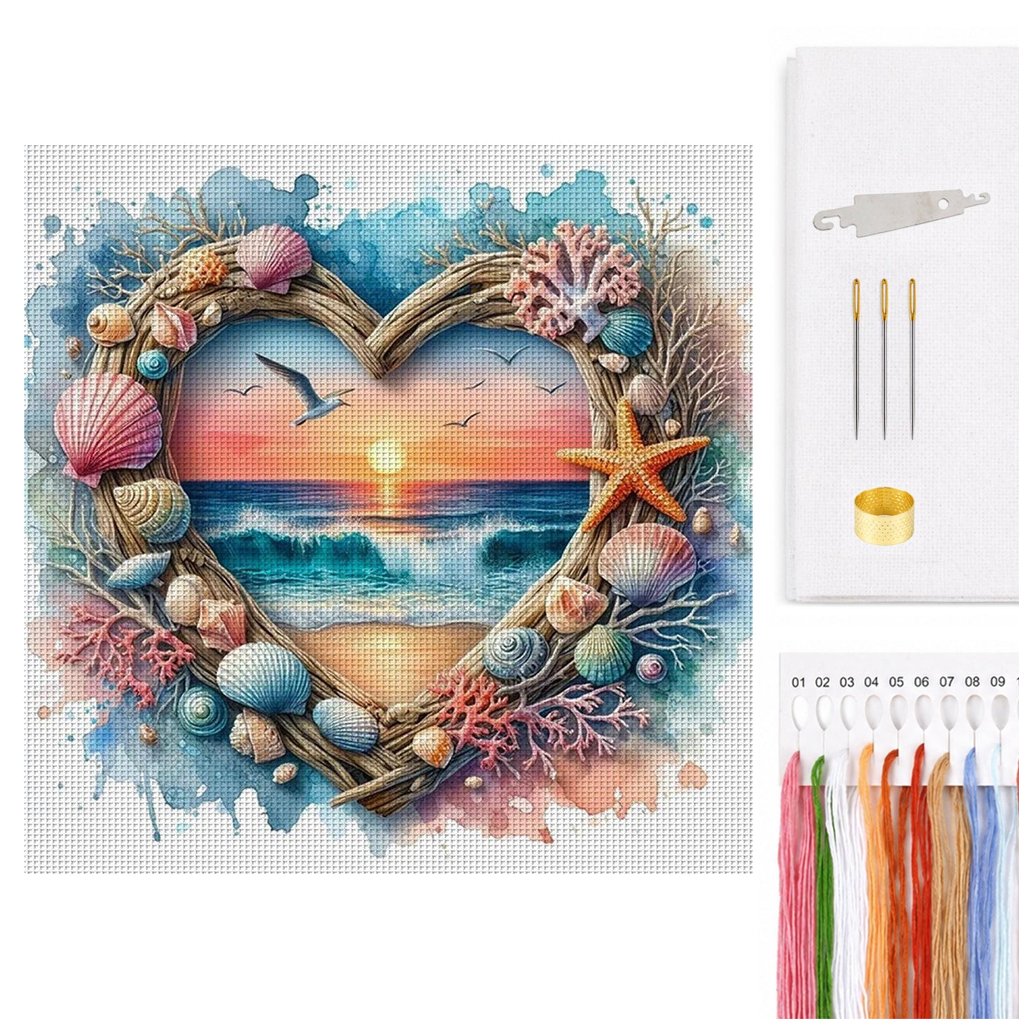 Heart-Shaped Beach Shells - Full 14CT Counted Cross Stitch 40x40CM - Huacan