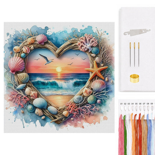 Heart-Shaped Beach Shells - Full 14CT Counted Cross Stitch 40x40CM - Huacan