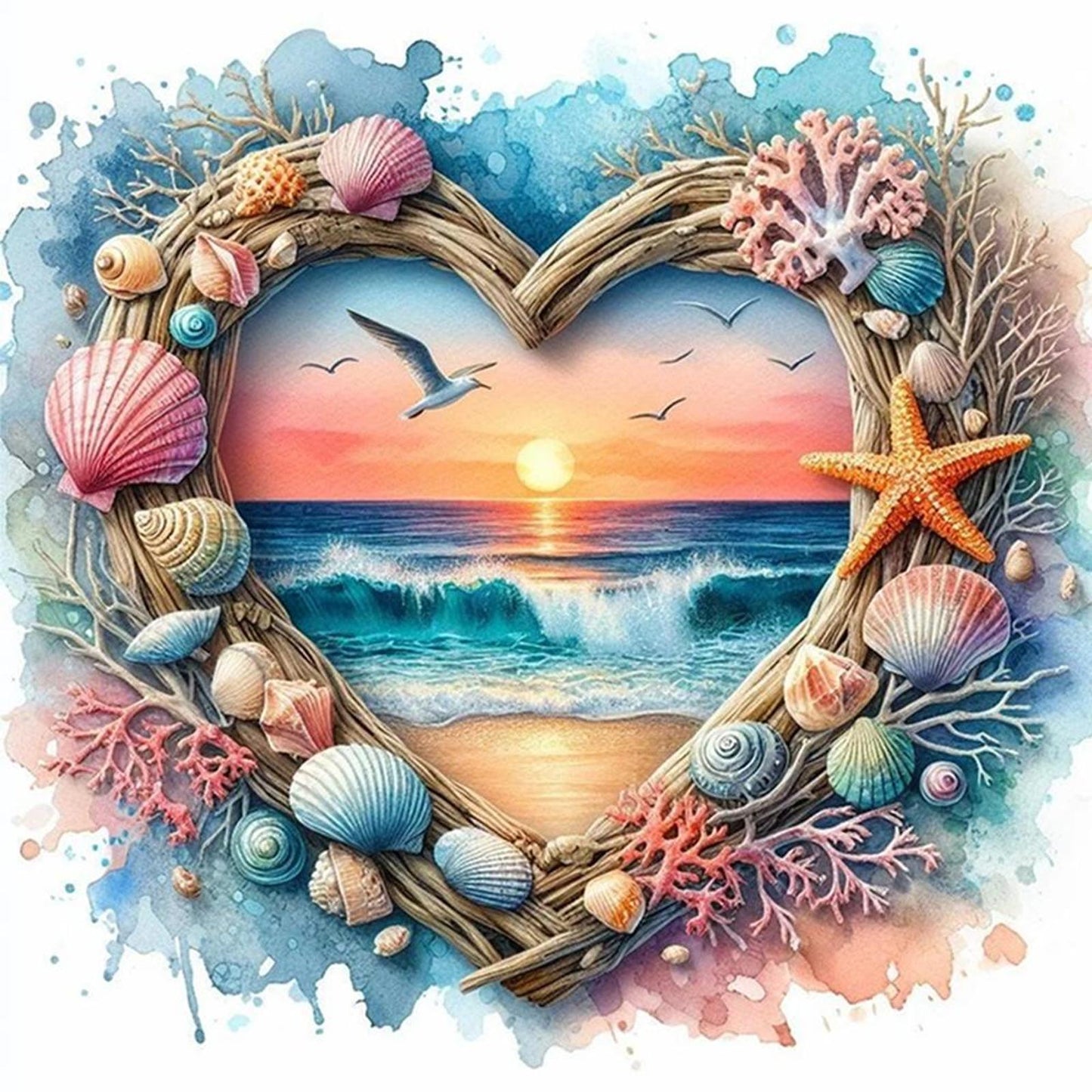 Heart-Shaped Beach Shells - Full 14CT Counted Cross Stitch 40x40CM - Huacan