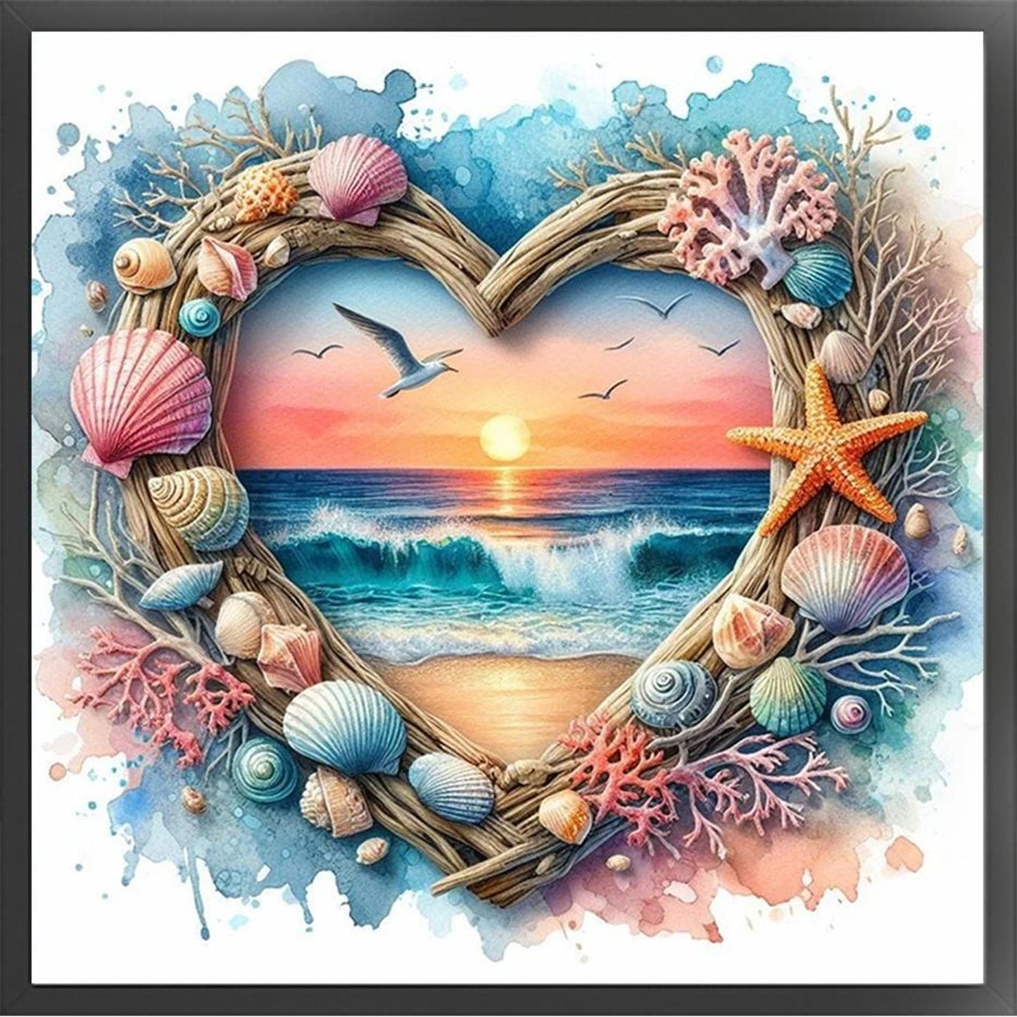 Heart-Shaped Beach Shells - Full 14CT Counted Cross Stitch 40x40CM - Huacan