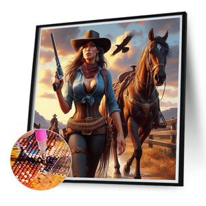 Cowboy Cool Girl And Horse 40*40CM Full Round Drill Diamond Painting Drill Diamond Painting