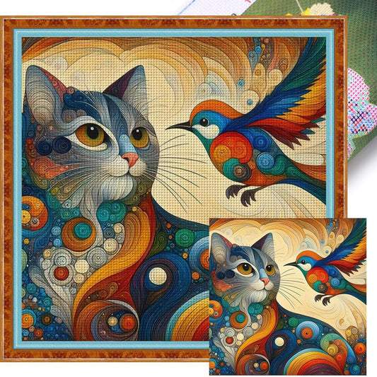 Cat And Bird - Full 11CT Stamped Cross Stitch 40x40CM - Huacan
