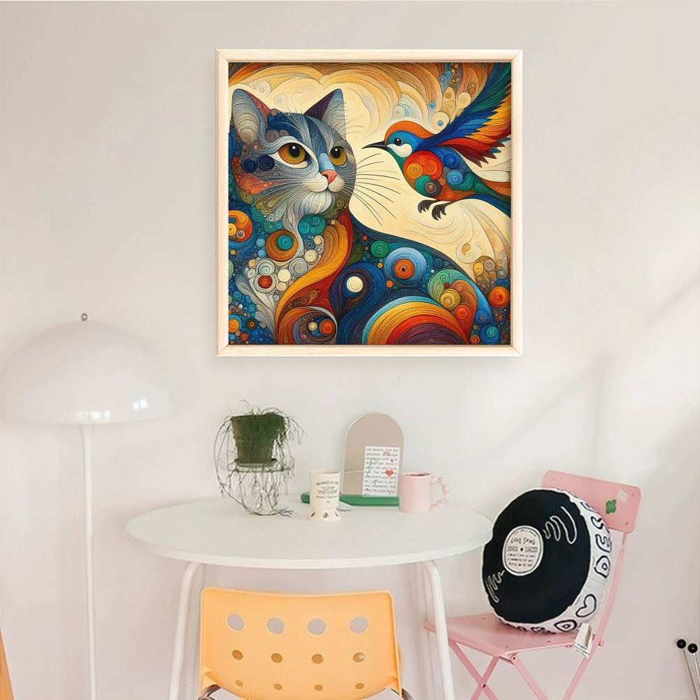 Cat And Bird - Full 11CT Stamped Cross Stitch 40x40CM - Huacan