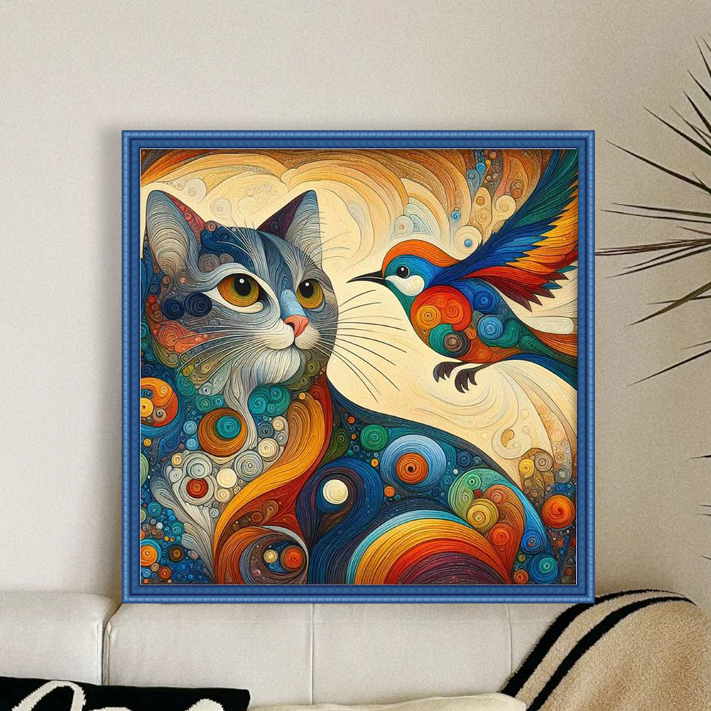Cat And Bird - Full 11CT Stamped Cross Stitch 40x40CM - Huacan