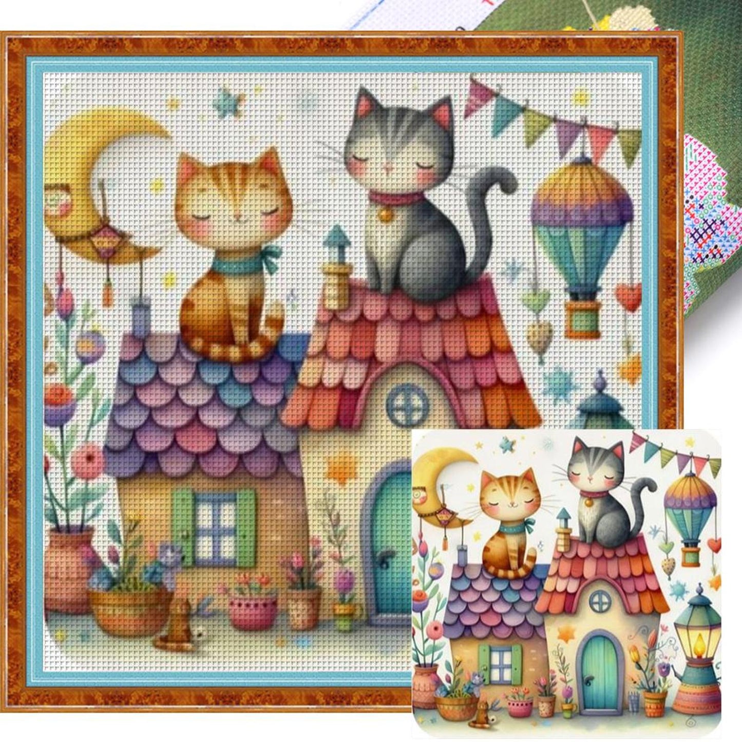 Cat And Cabin - Full 11CT Stamped Cross Stitch 40x40CM - Huacan