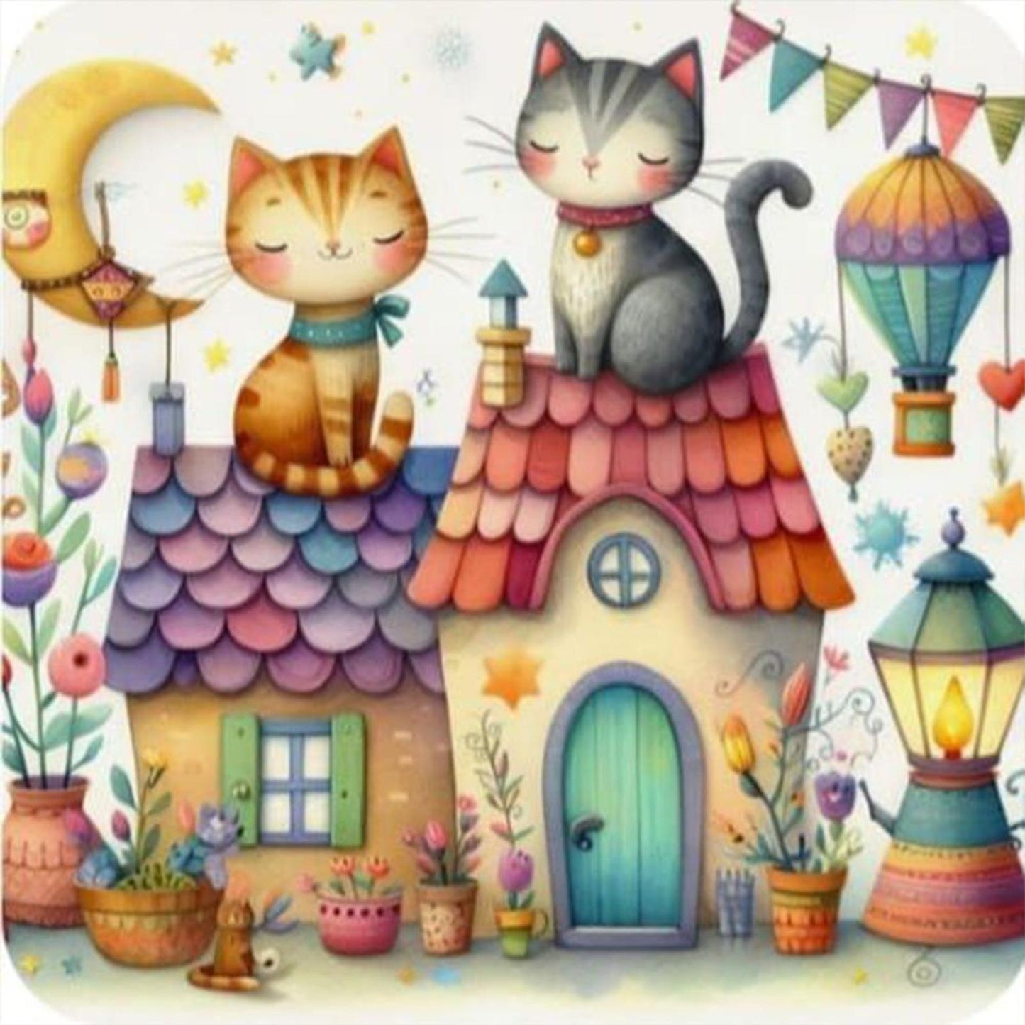 Cat And Cabin - Full 11CT Stamped Cross Stitch 40x40CM - Huacan
