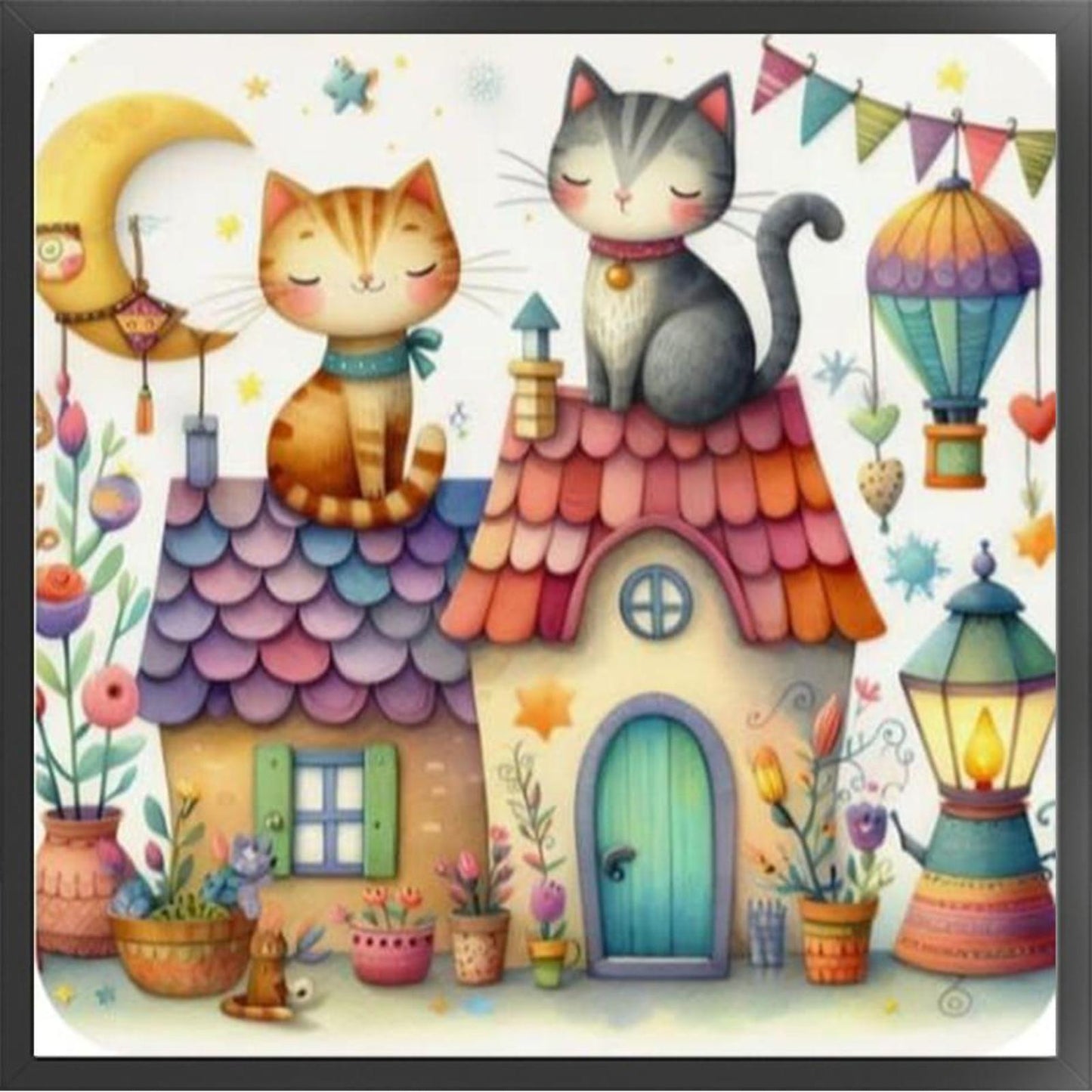 Cat And Cabin - Full 11CT Stamped Cross Stitch 40x40CM - Huacan