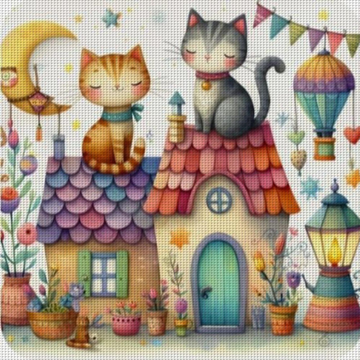Cat And Cabin - Full 11CT Stamped Cross Stitch 40x40CM - Huacan