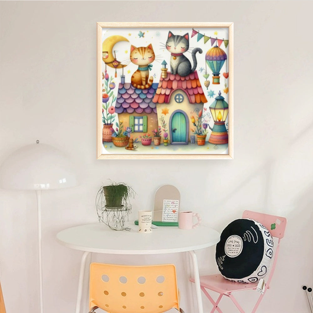 Cat And Cabin - Full 11CT Stamped Cross Stitch 40x40CM - Huacan