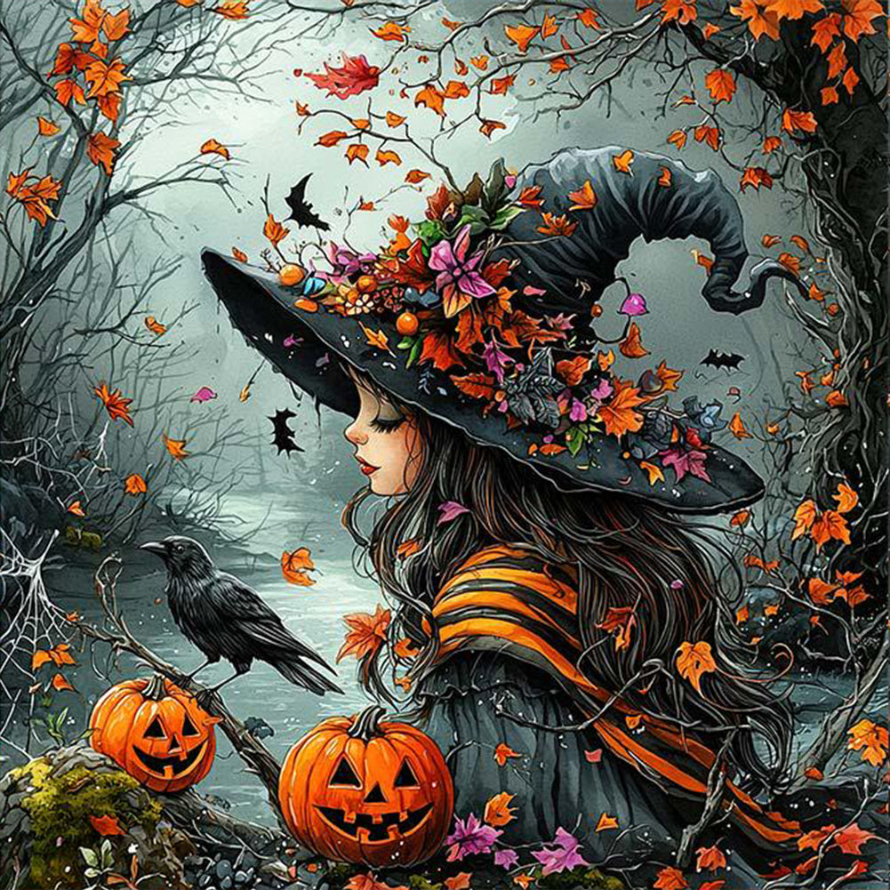 Halloween Witch Crow Pumpkin 40*40CM Full Round Drill Diamond Painting Drill Diamond Painting