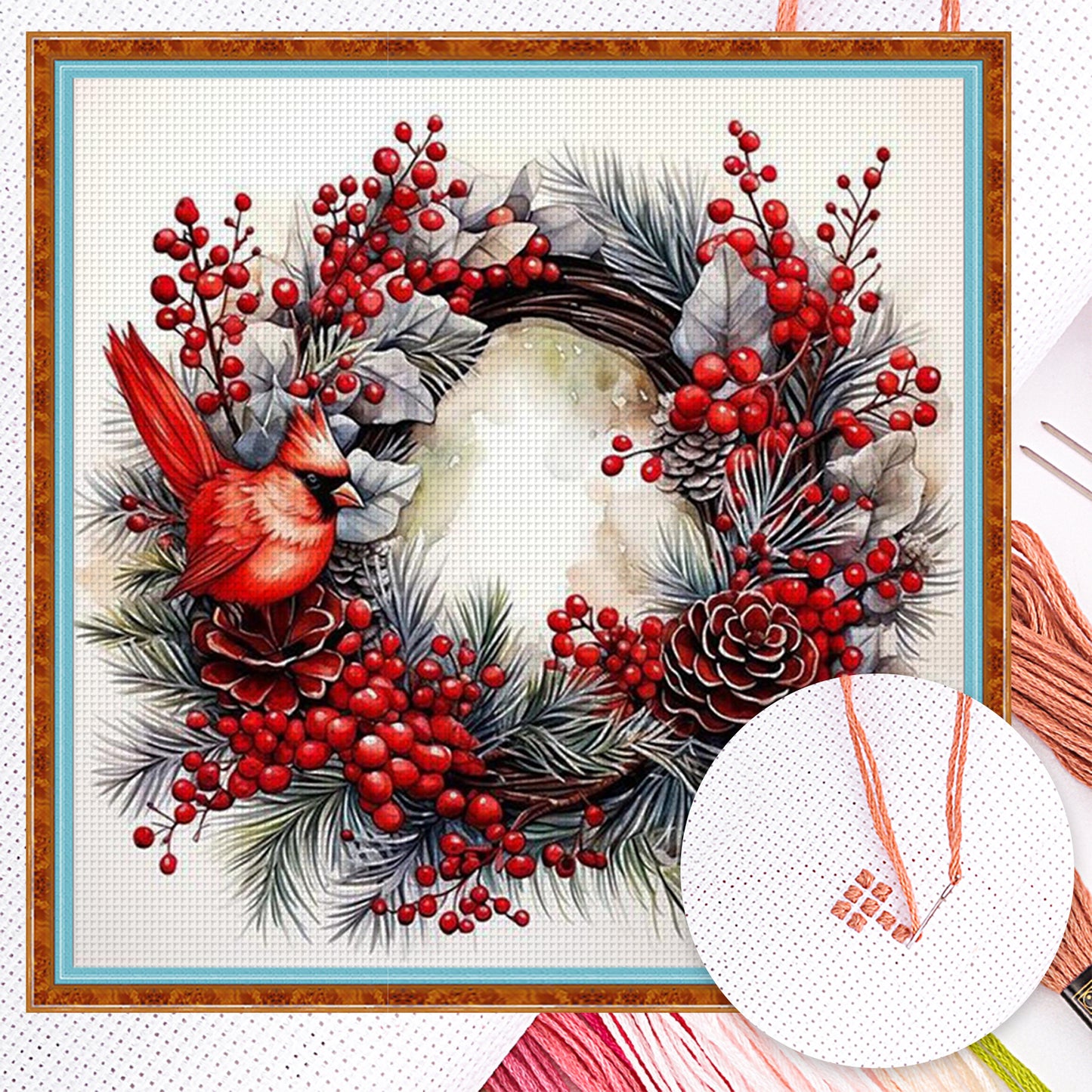 Christmas Wreath And Birds - Full 11CT Counted Cross Stitch 40x40CM - Huacan