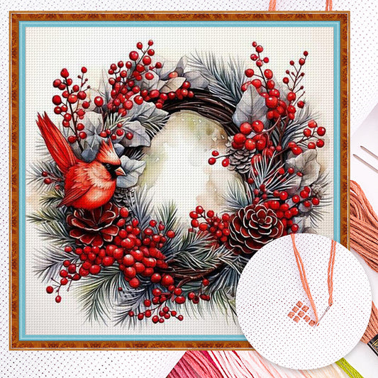Christmas Wreath And Birds - Full 11CT Counted Cross Stitch 40x40CM - Huacan