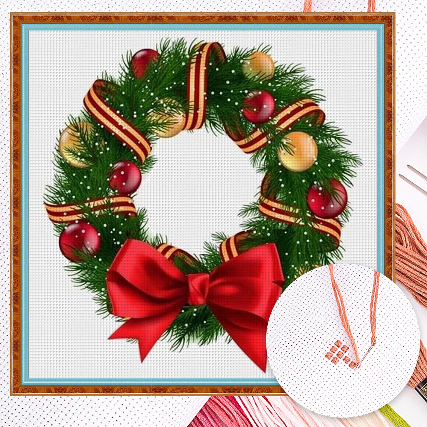 Christmas Wreath And Bow - Full 11CT Counted Cross Stitch 40x40CM - Huacan