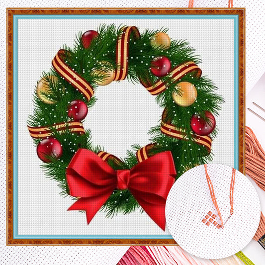 Christmas Wreath And Bow - Full 11CT Counted Cross Stitch 40x40CM - Huacan