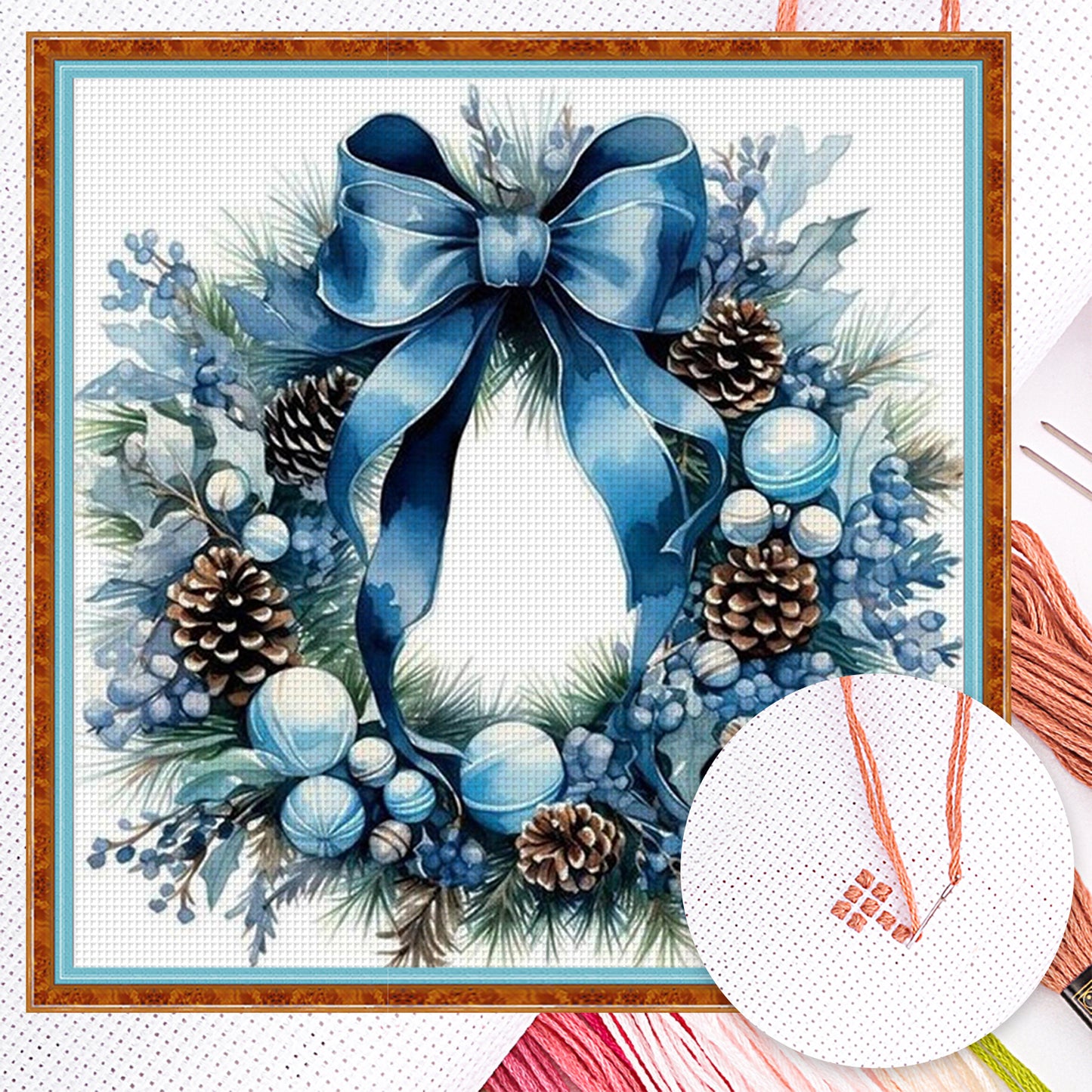Blue Christmas Wreath - Full 11CT Counted Cross Stitch 40x40CM - Huacan