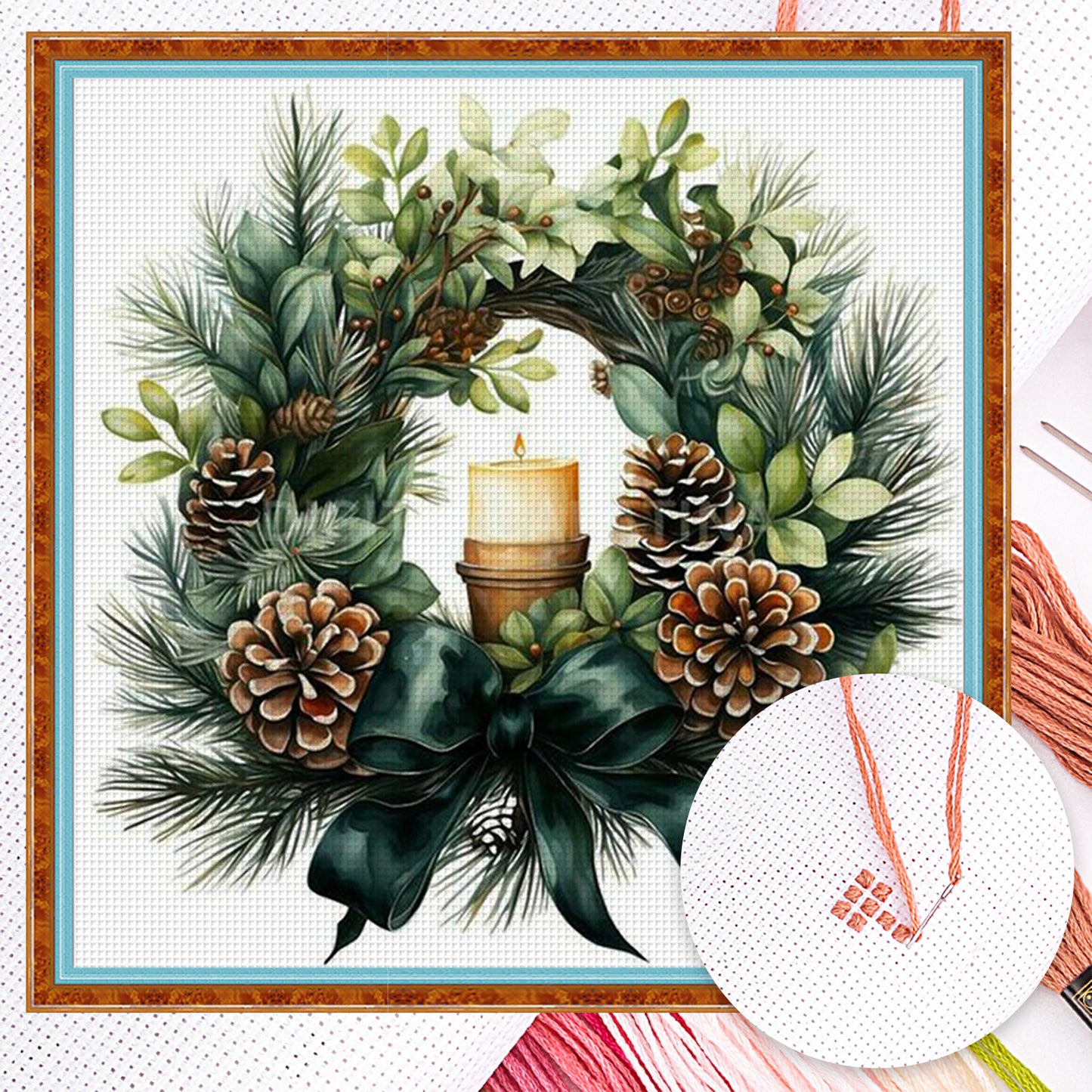 Green Christmas Wreath - Full 11CT Counted Cross Stitch 40x40CM - Huacan