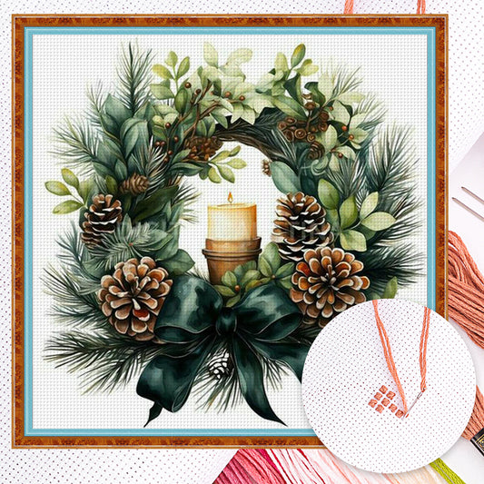 Green Christmas Wreath - Full 11CT Counted Cross Stitch 40x40CM - Huacan