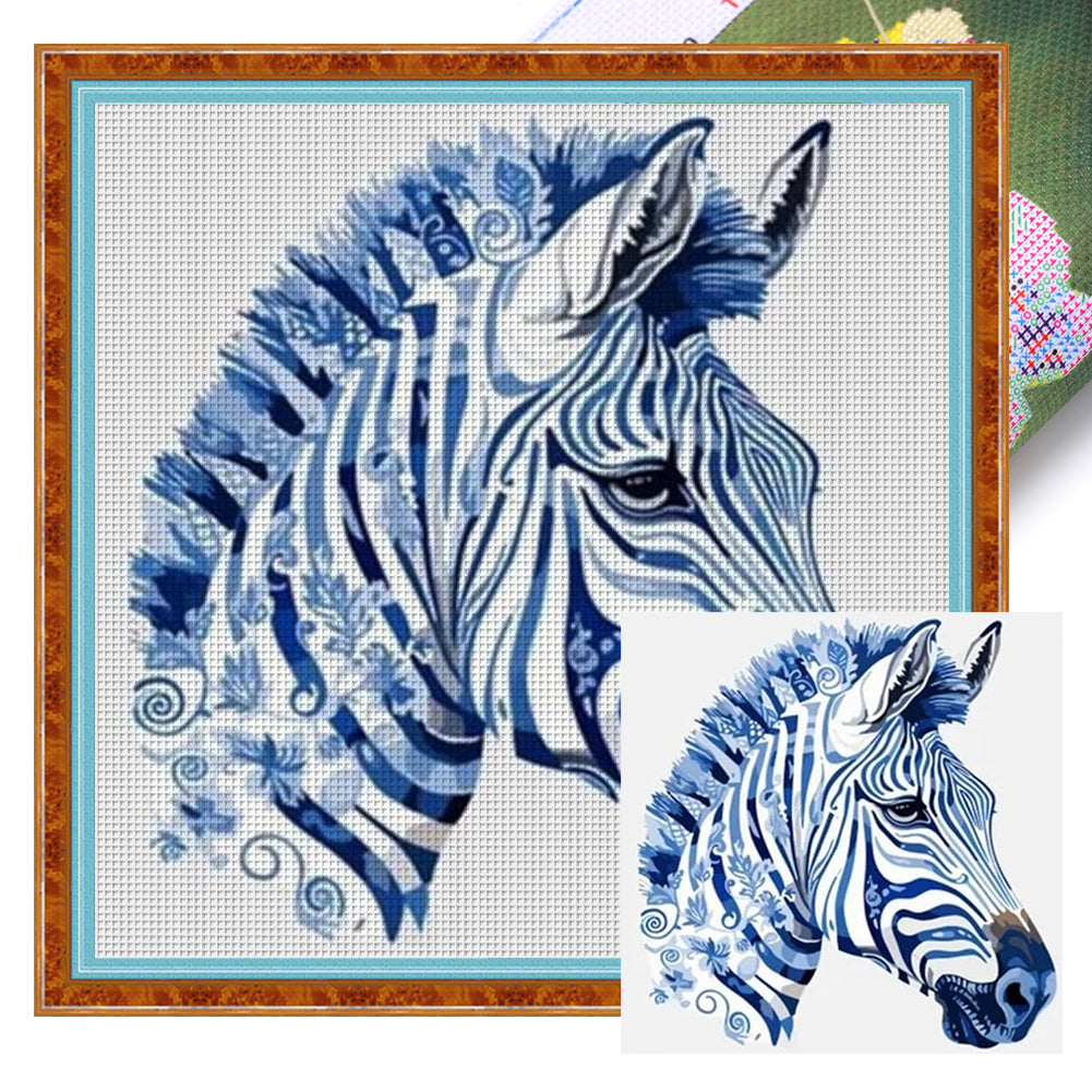Yishu - Blue And White Porcelain Zebra - 40*40CM 11CT 3 Stamped Cross Stitch