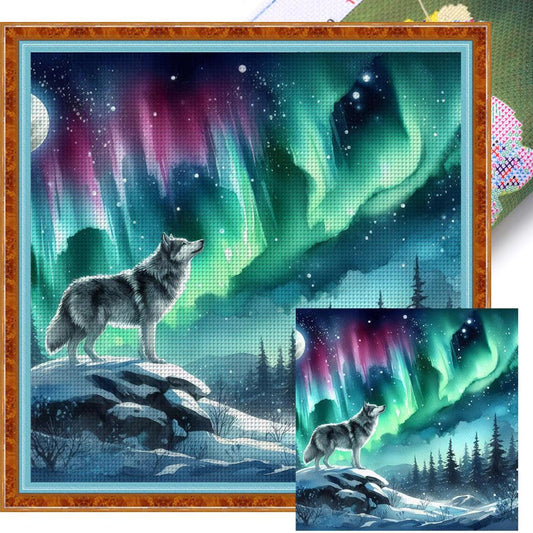 Wolf Under Aurora - Full 11CT Stamped Cross Stitch 50x50CM - Yishu