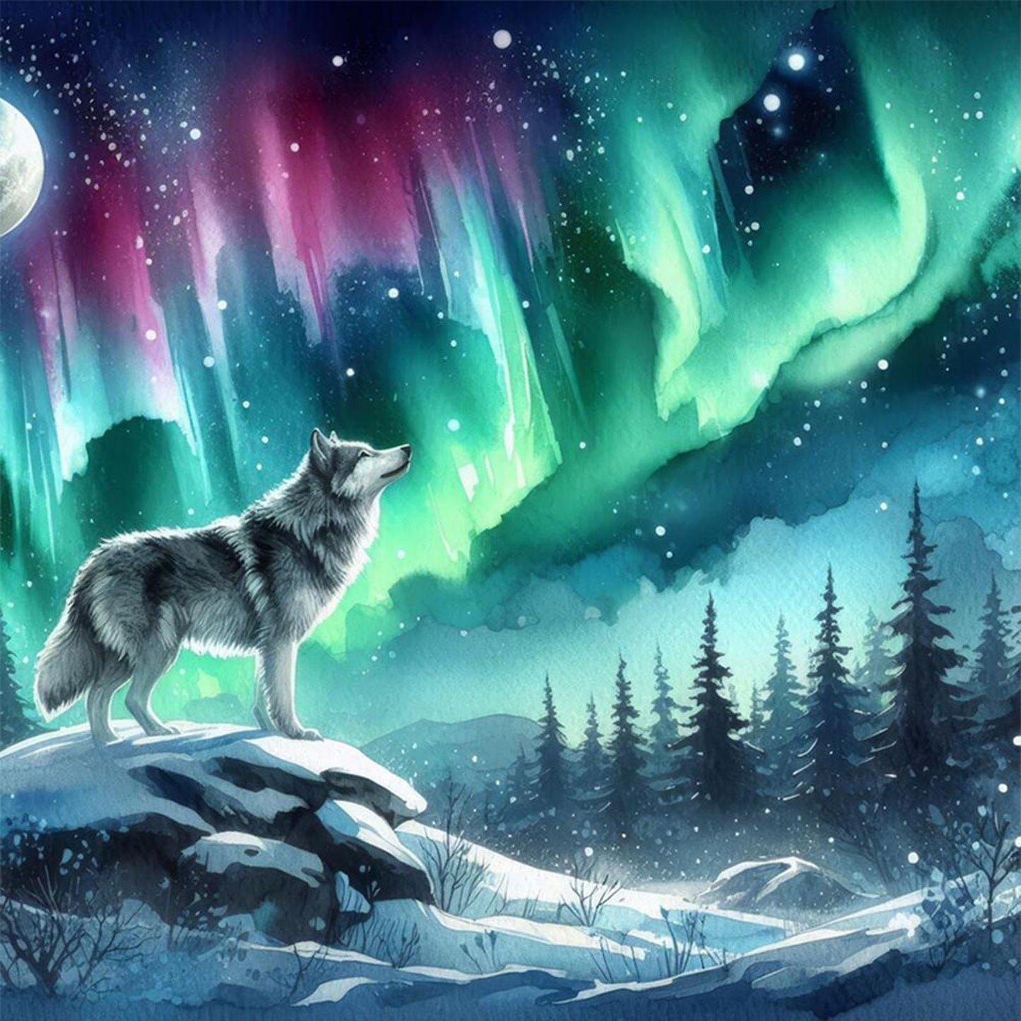 Wolf Under Aurora - Full 11CT Stamped Cross Stitch 50x50CM - Yishu