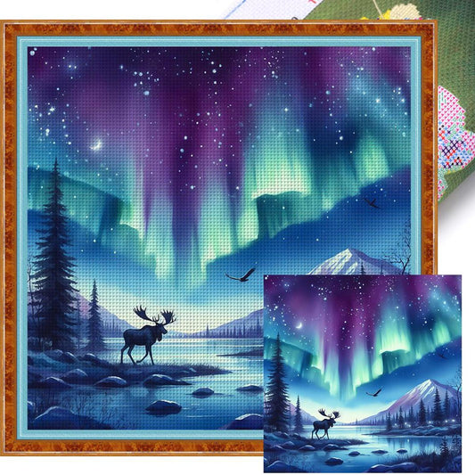 Deer Under Aurora - Full 11CT Stamped Cross Stitch 50x50CM - Yishu