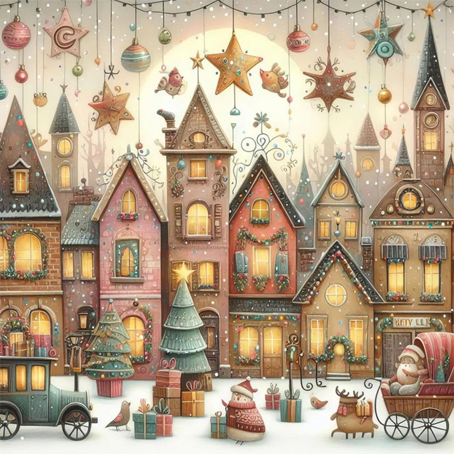 Christmas Town With Stars - Full 11CT Stamped Cross Stitch 50x50CM - Huacan