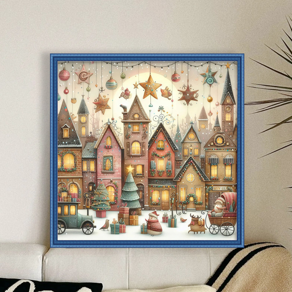 Christmas Town With Stars - Full 11CT Stamped Cross Stitch 50x50CM - Huacan