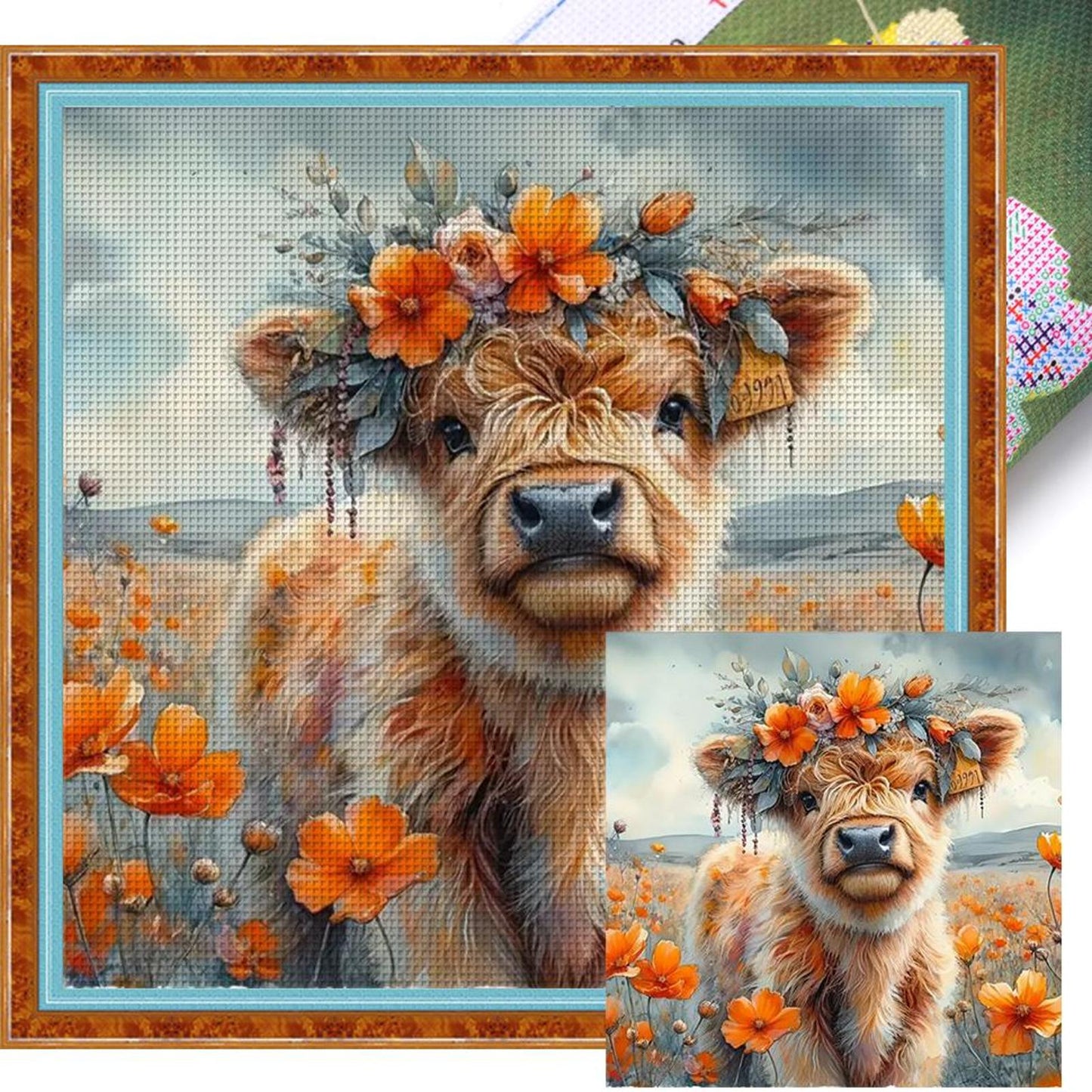 Orange Flowers And Yak - Full 11CT Stamped Cross Stitch 40x40CM - Huacan