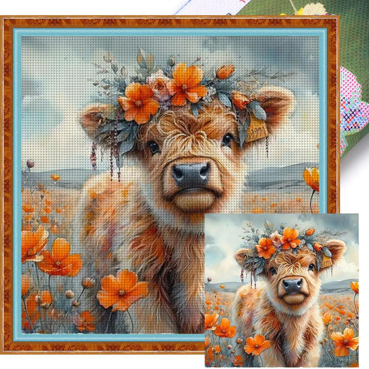 Orange Flowers And Yak - Full 11CT Stamped Cross Stitch 40x40CM - Huacan