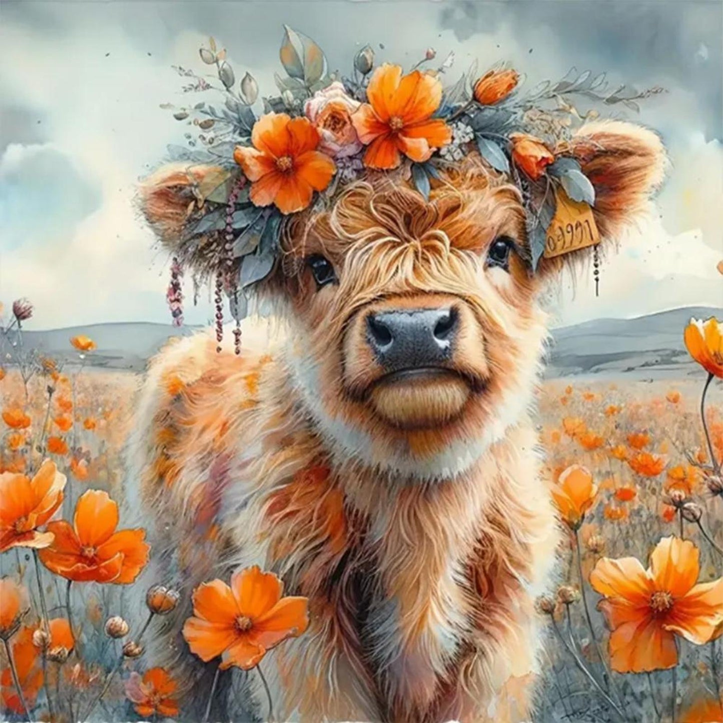 Orange Flowers And Yak - Full 11CT Stamped Cross Stitch 40x40CM - Huacan