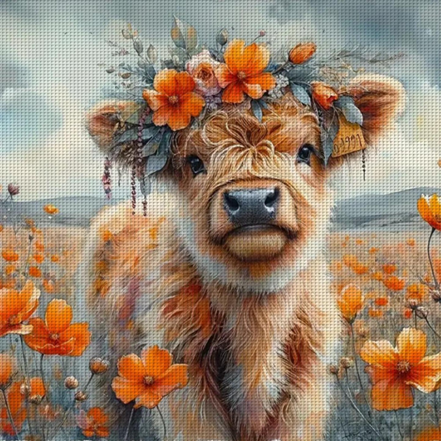 Orange Flowers And Yak - Full 11CT Stamped Cross Stitch 40x40CM - Huacan