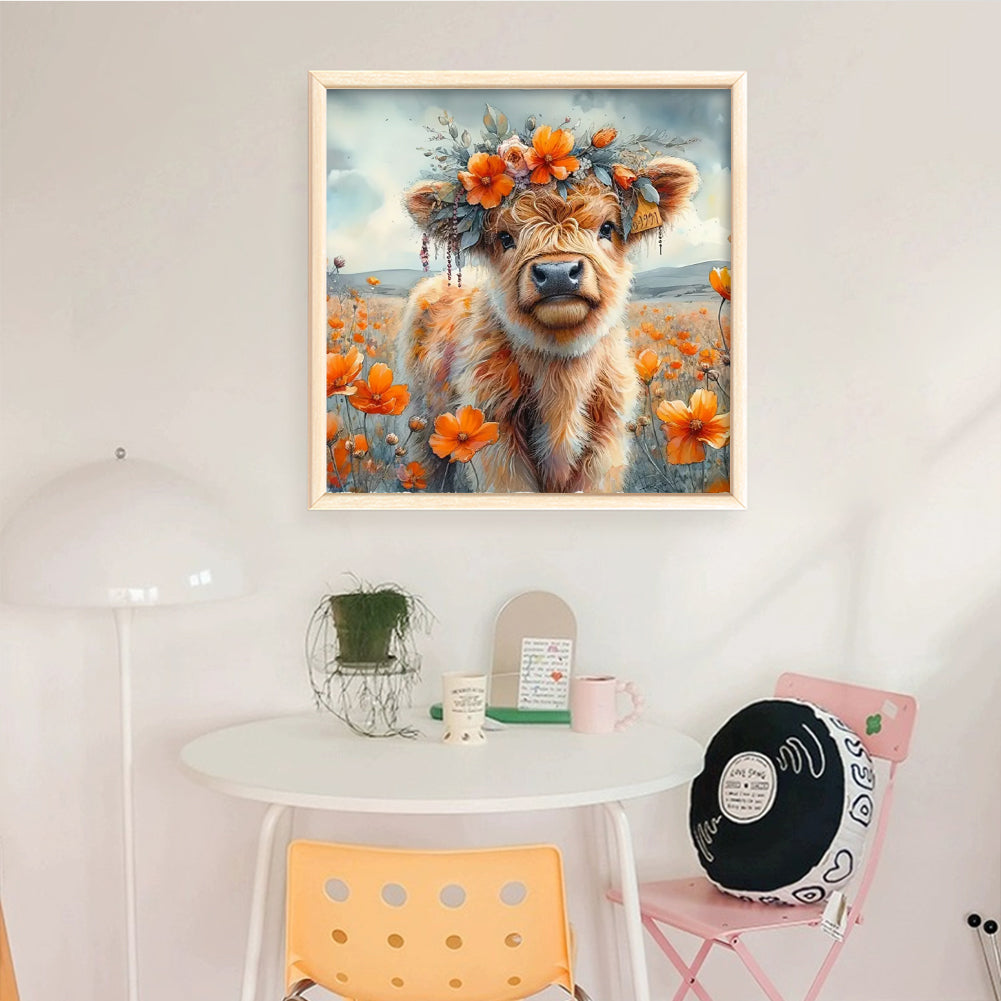Orange Flowers And Yak - Full 11CT Stamped Cross Stitch 40x40CM - Huacan
