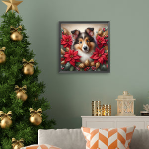 Christmas Poinsettia Dog 40*40CM Full AB Square Drill Diamond Painting Drill Diamond Painting