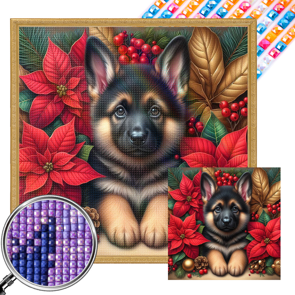 Christmas Poinsettia Dog 40*40CM Full AB Square Drill Diamond Painting Drill Diamond Painting